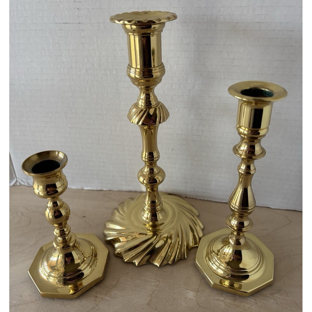 Solid Brass Baldwin Candlestick Holders LOT of 3 Wedding Party 5" 7" 9" Shiny